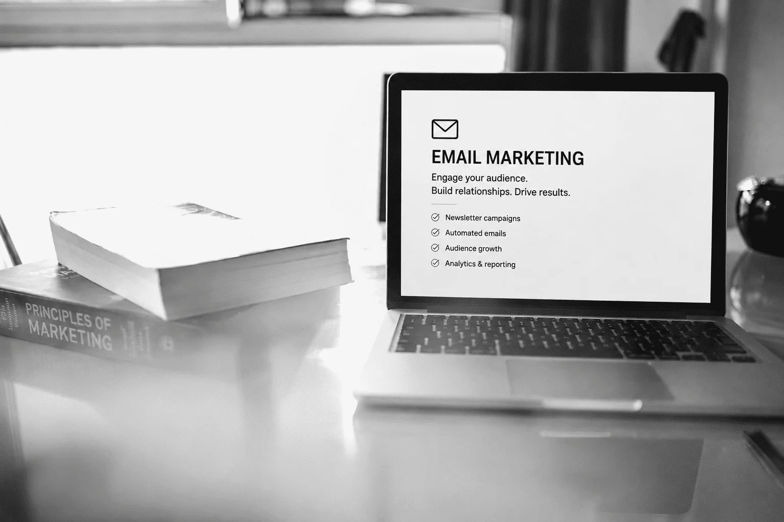 Laptop displaying email marketing services beside marketing books